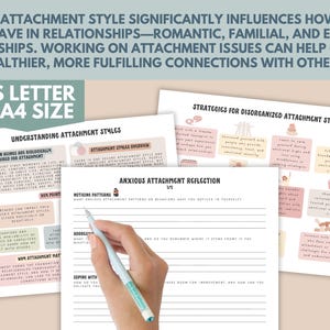 May include: A printable worksheet titled "Anxious Attachment Reflection 1/1" with sections for noticing patterns, addressing what triggers anxious attachment, and coping with anxious attachment. The worksheet is part of a set of printable worksheets about understanding attachment styles.