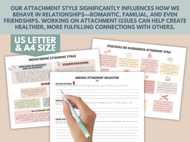 May include: A printable worksheet titled "Anxious Attachment Reflection 1/1" with sections for noticing patterns, addressing what triggers anxious attachment, and coping with anxious attachment. The worksheet is part of a set of printable worksheets about understanding attachment styles.