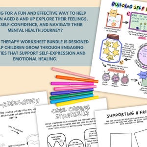May include: A set of printable worksheets for children to help them explore their feelings, build self-confidence, and navigate their mental health journey. The worksheets feature colorful illustrations and activities such as self-regulation, cool coping strategies, and supporting a friend.