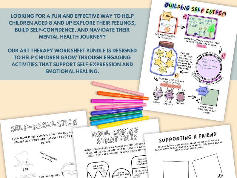 May include: A set of printable worksheets for children to help them explore their feelings, build self-confidence, and navigate their mental health journey. The worksheets feature colorful illustrations and activities such as self-regulation, cool coping strategies, and supporting a friend.