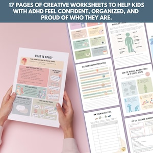 Puede incluir: Un conjunto de hojas de trabajo creativas para ni&ntilde;os con TDAH, con dise&ntilde;os coloridos y indicaciones &uacute;tiles. Las hojas de trabajo se centran en la comprensi&oacute;n del TDAH, la gesti&oacute;n de las emociones y el desarrollo de la confianza. El texto en la parte superior dice: "17 p&aacute;ginas de hojas de trabajo creativas para ayudar a los ni&ntilde;os con TDAH."