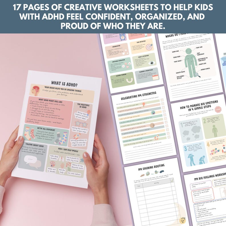Puede incluir: Un conjunto de hojas de trabajo creativas para ni&ntilde;os con TDAH, con dise&ntilde;os coloridos y indicaciones &uacute;tiles. Las hojas de trabajo se centran en la comprensi&oacute;n del TDAH, la gesti&oacute;n de las emociones y el desarrollo de la confianza. El texto en la parte superior dice: "17 p&aacute;ginas de hojas de trabajo creativas para ayudar a los ni&ntilde;os con TDAH."