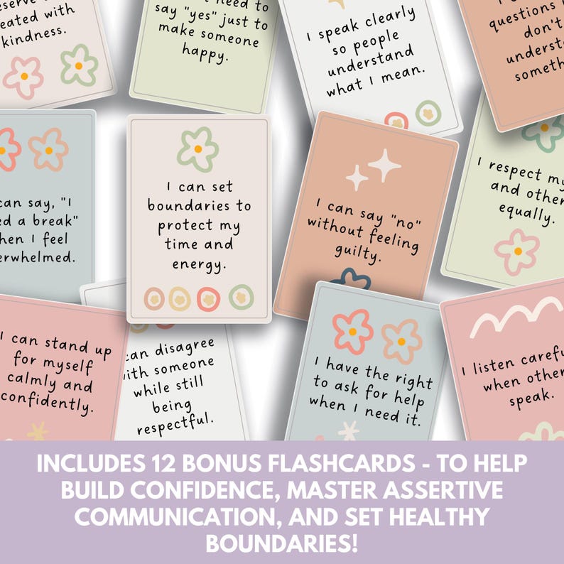 Op de afbeelding: Een verzameling pastelkleurige flashcards met affirmaties. Elke kaart bevat een andere uitspraak in een handschriftachtig lettertype, zoals "Ik kan nee zeggen zonder me schuldig te voelen". De kaarten zijn versierd met bloemen- en sterillustraties. De tekst onderaan luidt: INCLUSIEF 12 BONUS FLASHCARDS.