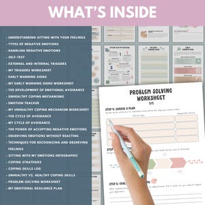 May include: A worksheet titled "Problem Solving Worksheet" with a hand holding a pen, and the text "What's Inside" at the top. The worksheet includes sections for choosing a plan and evaluating its effectiveness. Other worksheets are visible in the background.