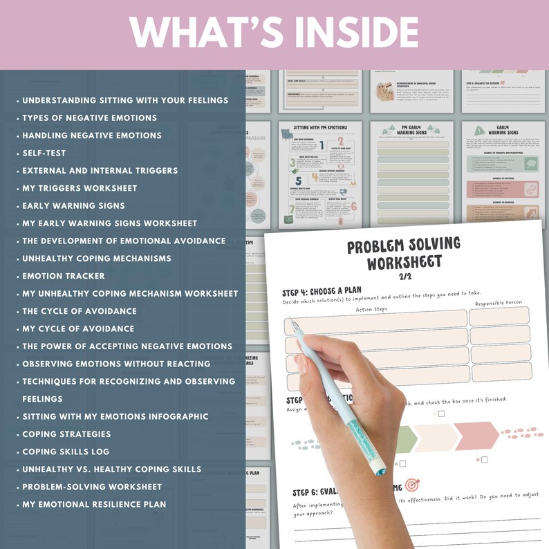 May include: A worksheet titled "Problem Solving Worksheet" with a hand holding a pen, and the text "What's Inside" at the top. The worksheet includes sections for choosing a plan and evaluating its effectiveness. Other worksheets are visible in the background.