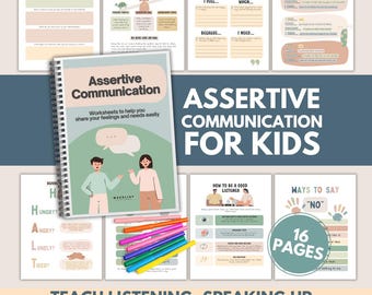 May include: A spiral-bound workbook titled "Assertive Communication" with the text "Worksheets to help you share your feelings and needs easily." The image also shows colorful pens and worksheets with text like "I feel..." and "Ways to say no."