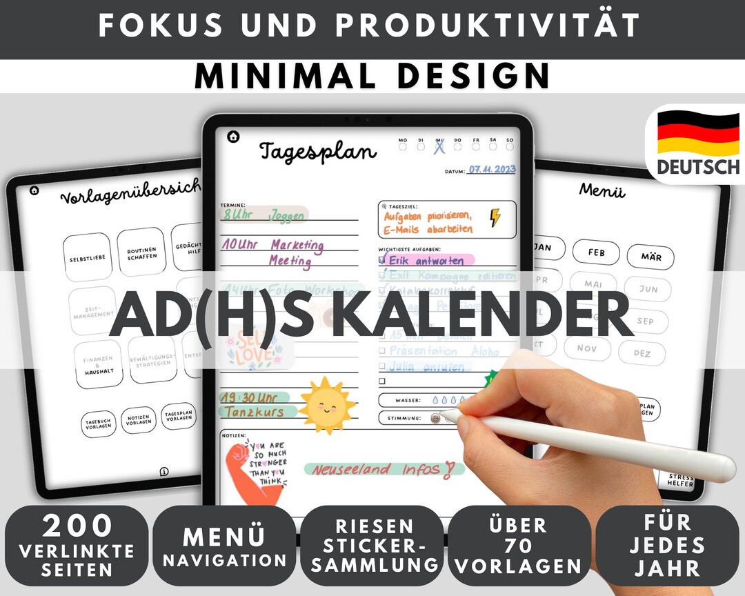 ADHS Digitaler Kalender Tagesplaner MINIMAL Design Zeitmanagement Für