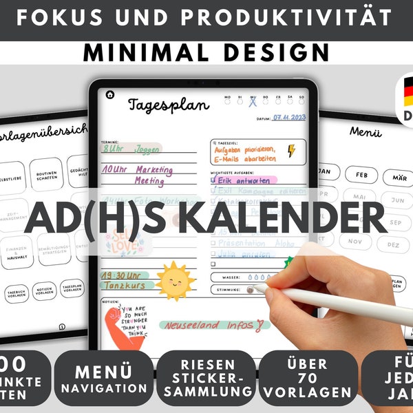 ADHS Digitaler Kalender Tagesplaner MINIMAL Design - Zeitmanagement für Erwachsene - Apple, Android, GoodNotes, Notability, Xodo, Flexcil
