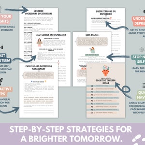 Pu&ograve; includere: Un quaderno di lavoro stampabile con illustrazioni e testo colorati, intitolato "Strategie passo dopo passo per un domani pi&ugrave; luminoso". Il quaderno di lavoro include sezioni sulla riprogrammazione dei pensieri, il potenziamento dell'autostima, l'intraprendere azioni attive, la comprensione della depressione, l'autocura e l'arresto del dialogo interiore negativo.