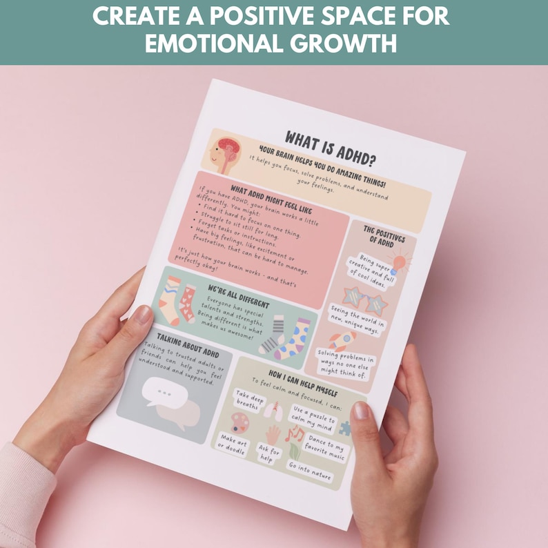 Puede incluir: Un p&oacute;ster educativo impreso con el t&iacute;tulo "&iquest;Qu&eacute; es el TDAH?" e ilustraciones coloridas. El p&oacute;ster proporciona informaci&oacute;n sobre el TDAH, incluyendo c&oacute;mo podr&iacute;a sentirse y formas de ayudar. El fondo es de color rosa suave.