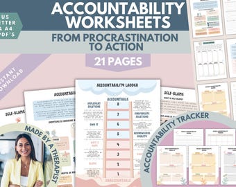 Puede incluir: Un conjunto de 21 hojas de trabajo imprimibles diseñadas para ayudar con la responsabilidad y superar la procrastinación. Las hojas de trabajo presentan una escalera con peldaños etiquetados de "Irresponsable" a "Responsable" e incluyen secciones sobre la culpa, la implementación de soluciones y el reconocimiento de la realidad. Las hojas de trabajo están hechas por un terapeuta y están disponibles en los tamaños US Letter y A4.