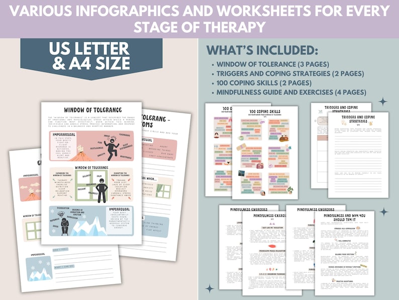 May include: A set of printable worksheets and infographics for therapy. The worksheets include sections for "Window of Tolerance", "Triggers and Coping Strategies", "100 Coping Skills", and "Mindfulness Guide and Exercises".