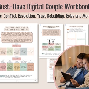 May include: A digital workbook for couples with a pink and green color scheme. The workbook includes sections on understanding your partner's perspective, building trust, and expressing gratitude. The image also shows a couple looking at a tablet.