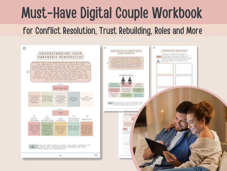 May include: A digital workbook for couples with a pink and green color scheme. The workbook includes sections on understanding your partner's perspective, building trust, and expressing gratitude. The image also shows a couple looking at a tablet.