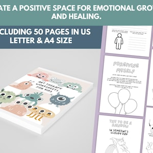 May include: A set of 50 printable art therapy worksheets for kids. The worksheets feature colorful illustrations of monsters and include prompts like "Forgiving Myself", "Try to be a Rainbow", and "You Can Be a Kind Person and Still".