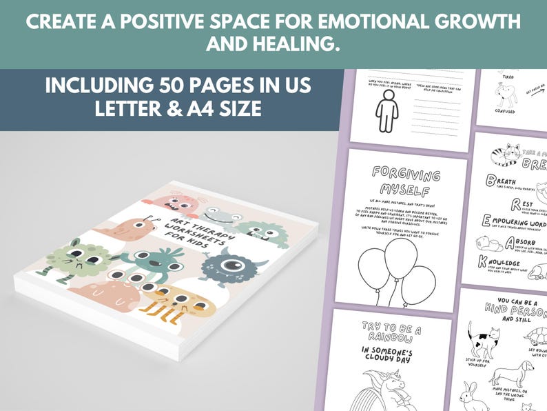 May include: A set of 50 printable art therapy worksheets for kids. The worksheets feature colorful illustrations of monsters and include prompts like "Forgiving Myself", "Try to be a Rainbow", and "You Can Be a Kind Person and Still".