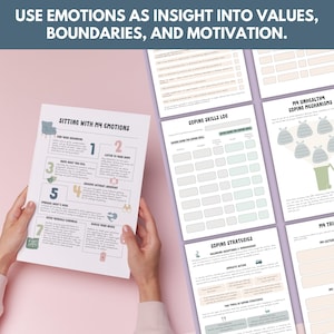 May include: A collection of printable worksheets with text about emotions, coping skills, and boundaries. The main sheet is titled "Sitting With My Emotions" and includes numbered steps. Other sheets include "Coping Skills Log" and "Coping Strategies".