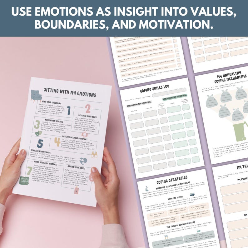 May include: A collection of printable worksheets with text about emotions, coping skills, and boundaries. The main sheet is titled "Sitting With My Emotions" and includes numbered steps. Other sheets include "Coping Skills Log" and "Coping Strategies".