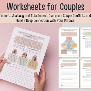 May include: A set of worksheets for couples to help improve their relationship. The worksheets cover topics such as shifting from control to collaboration, trauma and its influence on relationships, communication barriers, overcoming relationship triggers and trauma, and the impact of technology on relationships.
