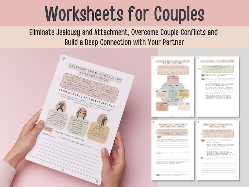 May include: A set of worksheets for couples to help improve their relationship. The worksheets cover topics such as shifting from control to collaboration, trauma and its influence on relationships, communication barriers, overcoming relationship triggers and trauma, and the impact of technology on relationships.
