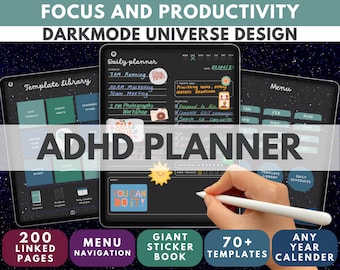 Dark Mode ADHD Digital Planner: Focus & Productivity (Goodnotes, iPad, Android)