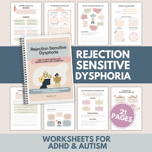 May include: A spiral-bound workbook titled "Rejection Sensitive Dysphoria" with the text "Learn to face criticism and handle conflict with confidence." The cover features illustrations and the text "Worksheets for ADHD & Autism."