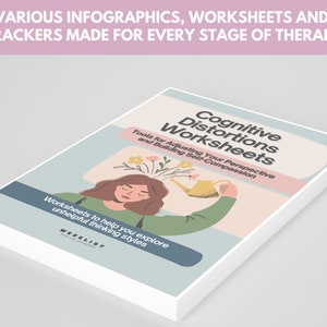 Op de afbeelding: Een stapel kleurrijke werkbladen met de titel "Cognitive Distortions Worksheets" met een cartoonillustratie van een persoon die bloemen water geeft die uit zijn hoofd groeien. De tekst luidt "Tools for Adjusting Your Perspective and Building Self-Compassion." De tekst "Worksheets to help you explore unhelpful thinking styles" is ook inbegrepen.