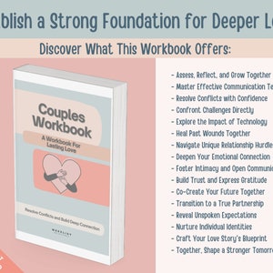 May include: A pink and blue couples workbook with the title "Couples Workbook: A Workbook For Lasting Love". The cover features a couple holding a heart. The text "Resolve Conflicts and Build Deep Connection" is at the bottom of the cover.