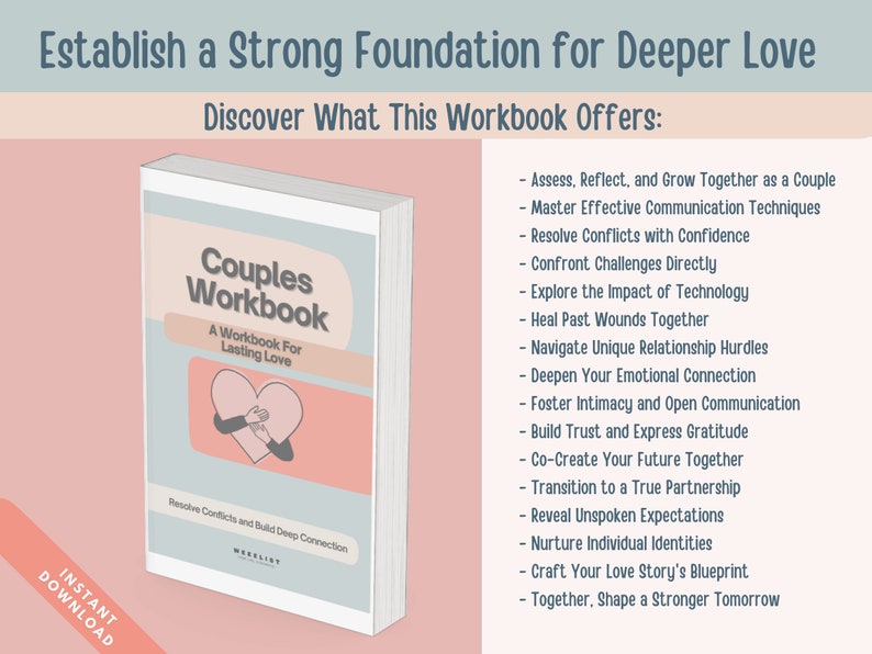 May include: A pink and blue couples workbook with the title "Couples Workbook: A Workbook For Lasting Love". The cover features a couple holding a heart. The text "Resolve Conflicts and Build Deep Connection" is at the bottom of the cover.
