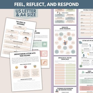 May include: A collection of printable mental health worksheets with titles like "The Cycle of Avoidance" and "Understanding Sitting with Your Feelings." The worksheets are in US Letter and A4 sizes, featuring diagrams and text in a clean, minimalist design.