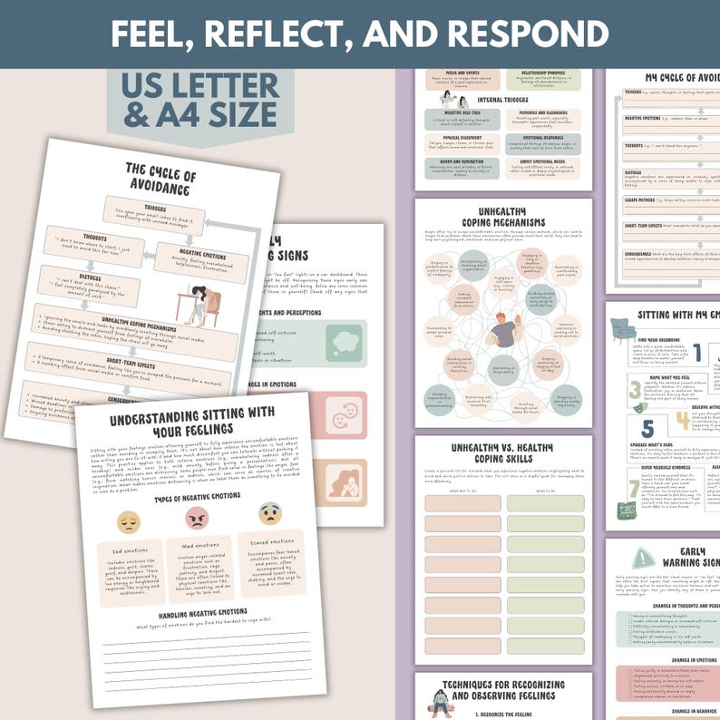 May include: A collection of printable mental health worksheets with titles like "The Cycle of Avoidance" and "Understanding Sitting with Your Feelings." The worksheets are in US Letter and A4 sizes, featuring diagrams and text in a clean, minimalist design.