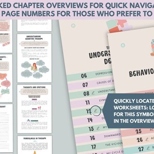Pu&ograve; includere: Un grafico colorato con un sommario per un quaderno di lavoro sulla comprensione e la gestione della depressione. Il grafico include i titoli dei capitoli, i numeri di pagina e un simbolo per individuare rapidamente le schede di lavoro. Il testo "QUICKLY LOCATE WORKSHEETS: LOOK FOR THIS SYMBOL IN THE OVERVIEW." &egrave; scritto in una casella rosa con un'icona di penna.