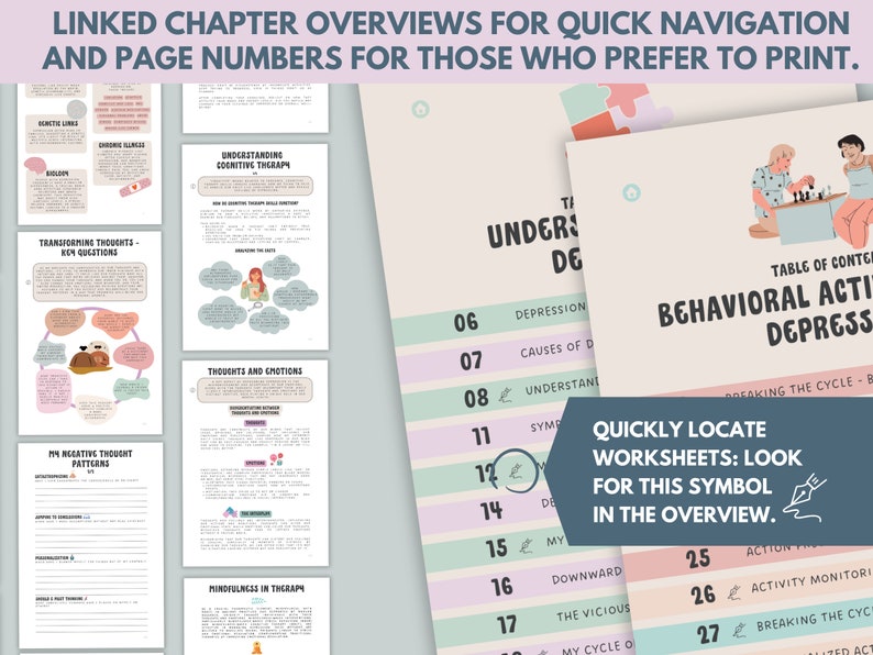 Pu&ograve; includere: Un grafico colorato con un sommario per un quaderno di lavoro sulla comprensione e la gestione della depressione. Il grafico include i titoli dei capitoli, i numeri di pagina e un simbolo per individuare rapidamente le schede di lavoro. Il testo "QUICKLY LOCATE WORKSHEETS: LOOK FOR THIS SYMBOL IN THE OVERVIEW." &egrave; scritto in una casella rosa con un'icona di penna.