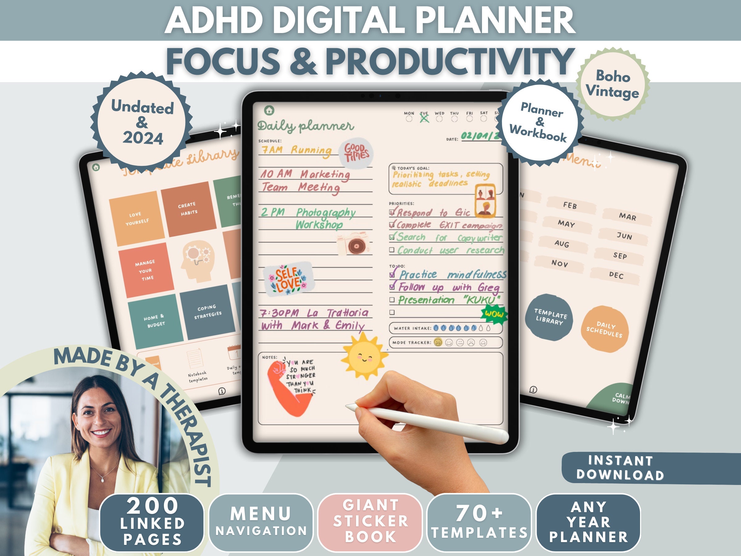 ADHD Digital Planner (made by an ADHDer) for iPad, Goodnotes + Android. Adult ADHD daily planner, self care & habit tracker. Science based