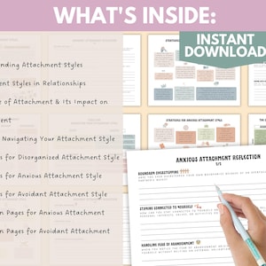May include: A digital download guide to understanding attachment styles. The guide includes information on attachment styles in relationships, the cycle of attachment, tools for navigating attachment styles, strategies for disorganized, anxious, and avoidant attachment styles, and reflection pages for anxious and avoidant attachment styles.