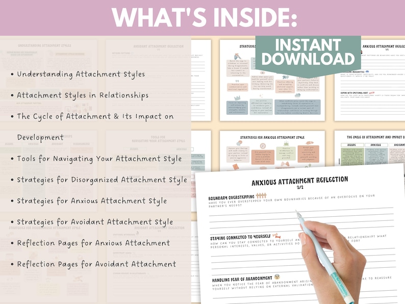 May include: A digital download guide to understanding attachment styles. The guide includes information on attachment styles in relationships, the cycle of attachment, tools for navigating attachment styles, strategies for disorganized, anxious, and avoidant attachment styles, and reflection pages for anxious and avoidant attachment styles.