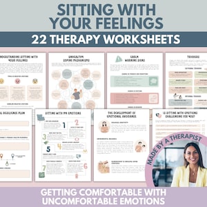 May include: A set of 22 therapy worksheets, "Sitting With Your Feelings," covering emotional well-being. Topics include coping strategies and understanding emotions. The image features text and diagrams for guidance.