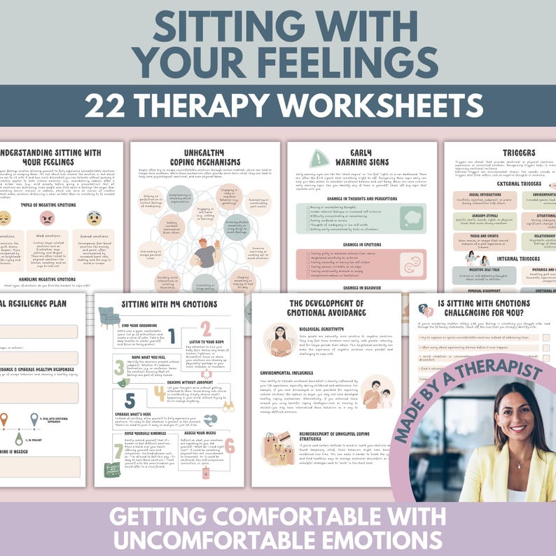 May include: A collection of 22 therapy worksheets titled "Sitting With Your Feelings." The worksheets cover topics like understanding emotions, coping mechanisms, and emotional avoidance. The image includes text and diagrams.