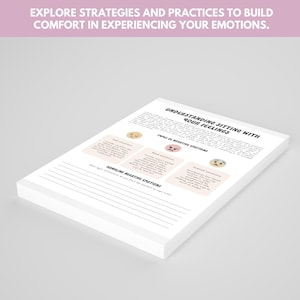 May include: A stack of white paper with the title "Understanding Sitting With Your Feelings" and the text "Explore strategies and practices to build comfort in experiencing your emotions." The page includes sections on negative emotions.