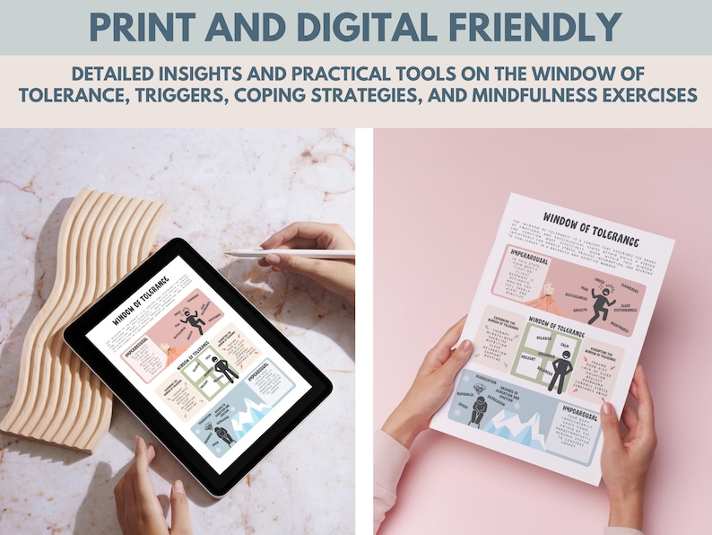 May include: A printable digital resource titled "Window of Tolerance" with illustrations and text explaining the concept of emotional regulation. The resource includes information on hyperarousal, hypoarousal, and coping strategies.