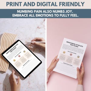 May include: A digital tablet and a printed worksheet, both displaying the text "Understanding Sitting With Your Feelings." The tablet is held with a stylus, while the worksheet is held by hands. The text "Print and Digital Friendly" is at the top.