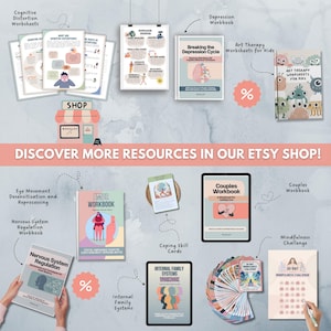 May include: An assortment of workbooks, cards, and worksheets for mental health and wellness. Titles include "Breaking the Depression Cycle," "Couples Workbook," and "30-Day Mindfulness Challenge." The image also features the text "DISCOVER MORE RESOURCES IN OUR ETSY SHOP!"