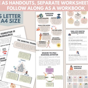 Pu&ograve; includere: Un set di fogli di lavoro stampabili sulla depressione, con illustrazioni e testo colorati. I fogli di lavoro trattano argomenti come la consapevolezza, la riformulazione cognitiva e l'attivazione comportamentale. I fogli di lavoro sono progettati per essere utilizzati come dispense, fogli di lavoro separati o un libro di lavoro. Il testo sui fogli di lavoro include "US Letter & A4 Size".