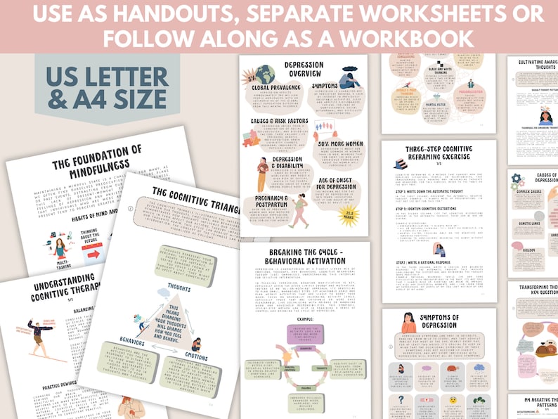 Pu&ograve; includere: Un set di fogli di lavoro stampabili sulla depressione, con illustrazioni e testo colorati. I fogli di lavoro trattano argomenti come la consapevolezza, la riformulazione cognitiva e l'attivazione comportamentale. I fogli di lavoro sono progettati per essere utilizzati come dispense, fogli di lavoro separati o un libro di lavoro. Il testo sui fogli di lavoro include "US Letter & A4 Size".