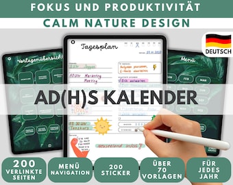 ADHS Digitaler Kalender Tagesplaner GRÜNE NATUR - Zeitmanagement für Erwachsene - Apple, Android, GoodNotes, Notability, Xodo, Flexcil