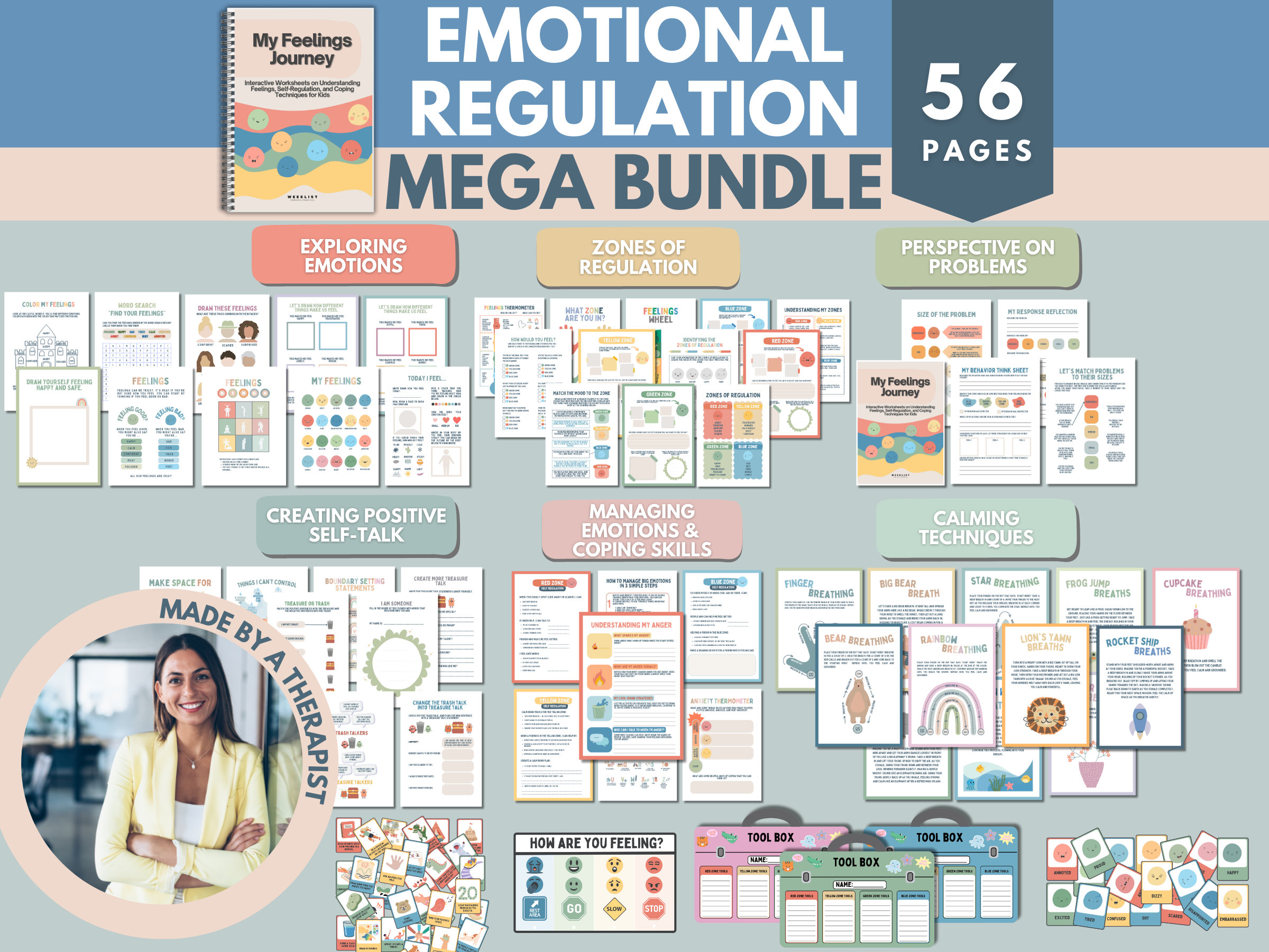Zones of Regulation, Self Regulation Kids, School Counseling Resources, Bundle, Social Emotional Learning,  Emotions Wheel, Calm Down Corner