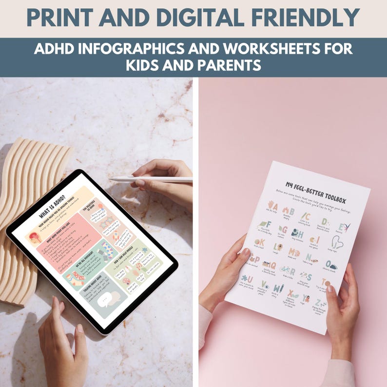 Puede incluir: Infograf&iacute;as y hojas de trabajo sobre el TDAH para ni&ntilde;os y padres, imprimibles y digitales. La imagen muestra una tableta que muestra una infograf&iacute;a y una hoja de trabajo impresa titulada "My Feel-Better Toolbox". El texto incluye "What is ADHD?" y indicaciones de sentimientos alfab&eacute;ticas.