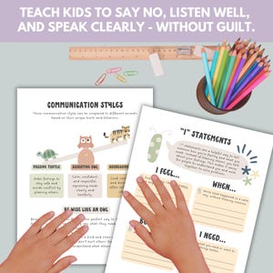 Op de afbeelding: Educatieve posters voor kinderen over communicatiestijlen, met dierenillustraties. De tekst luidt: "Leer kinderen nee te zeggen, goed te luisteren en duidelijk te spreken - zonder schuldgevoel." Bevat prompts voor "Ik voel...", "Wanneer..." en "Ik heb nodig..." zinnen.