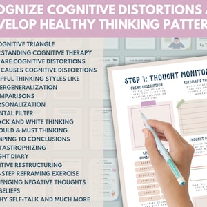 Op de afbeelding: Een werkblad met de titel "Cognitieve vervormingen herkennen en gezonde denkpatronen ontwikkelen". Het werkblad bevat een lijst met cognitieve vervormingen en een sectie over gedachtemonitoring met stappen om negatieve gedachten te identificeren en aan te vechten.