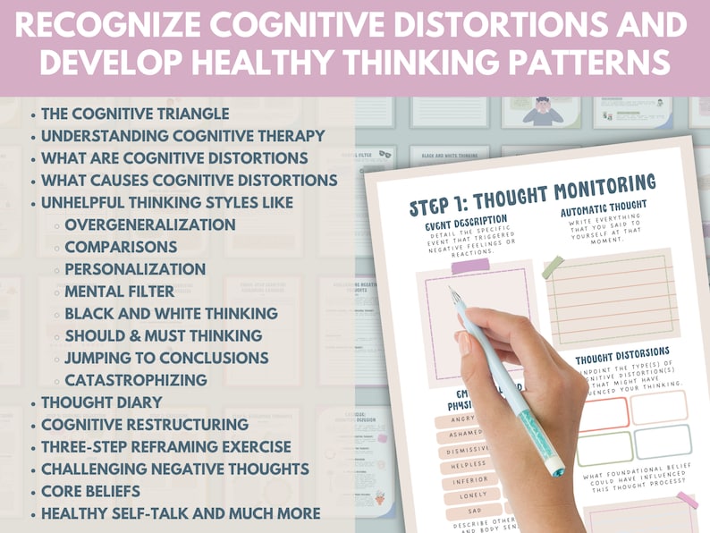 Op de afbeelding: Een werkblad met de titel "Cognitieve vervormingen herkennen en gezonde denkpatronen ontwikkelen". Het werkblad bevat een lijst met cognitieve vervormingen en een sectie over gedachtemonitoring met stappen om negatieve gedachten te identificeren en aan te vechten.